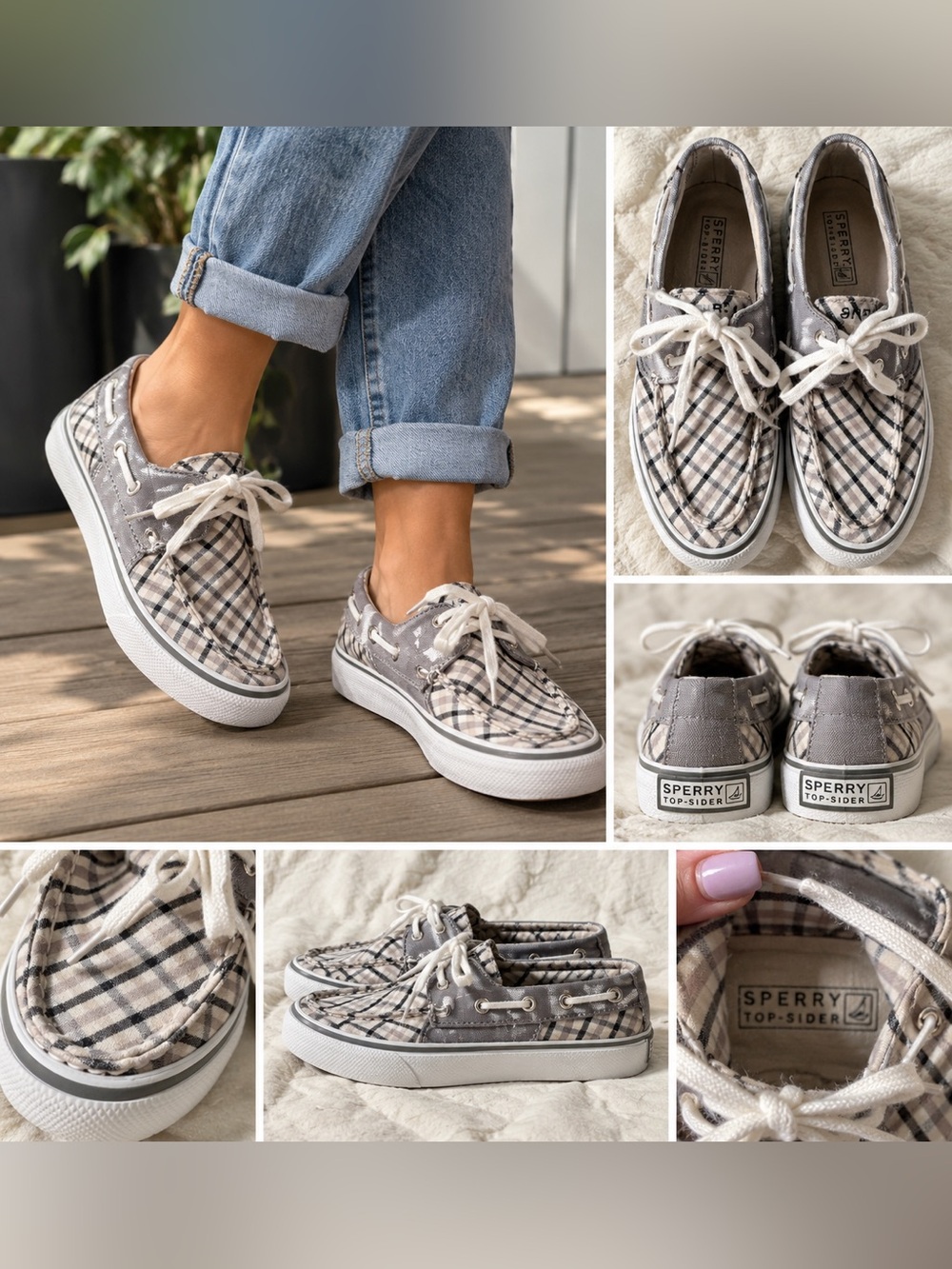 Sperry Top-Slider Silver Plaid Boat Shoes Women’s 7.5